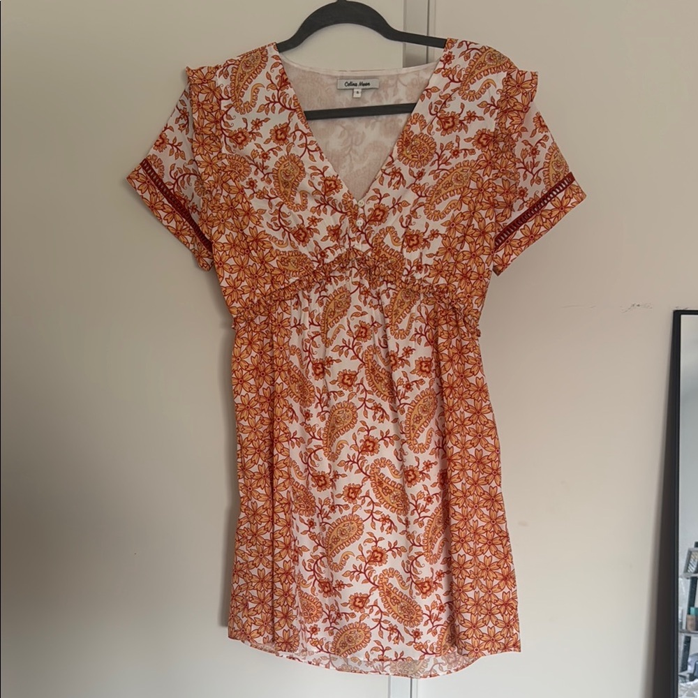 CELINA MOON Orange V-Neck Flutter Sleeve Mini Dress